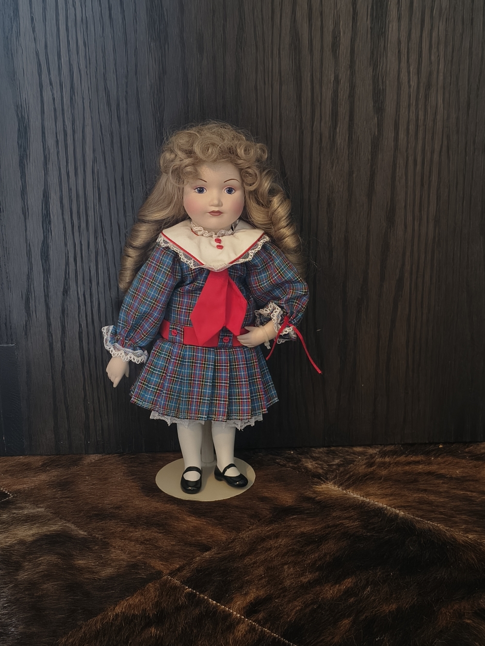 Franklin Heirloom Vintage-Style Porcelain Doll in Blue Plaid Dress with Red Bow